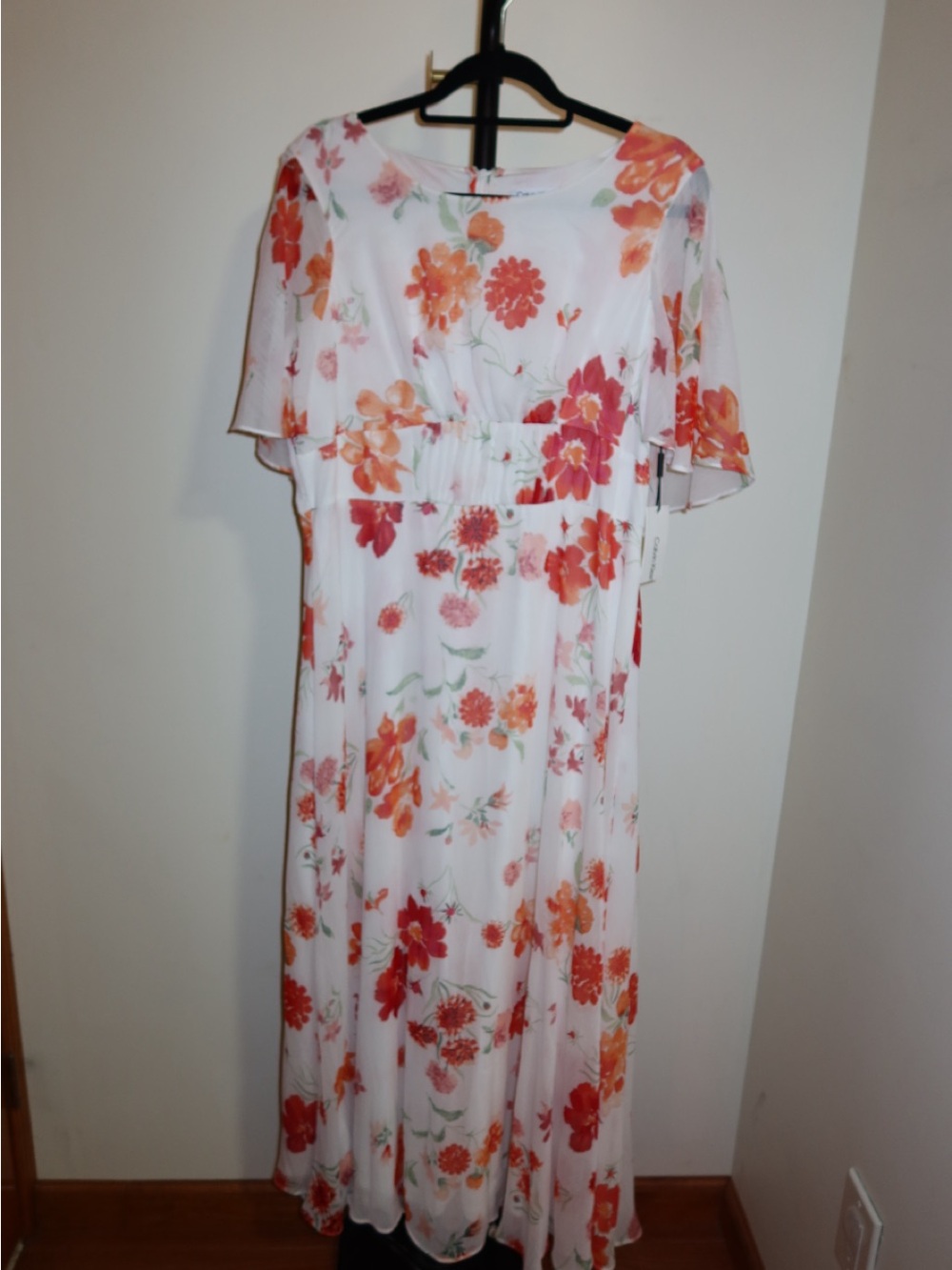 Calvin Klein White Maxi Dress with Orange and Pink Floral Print